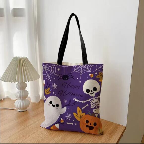 Women's Spooky Fun Halloween Skelton Pattern Canvas Tote Bag - Picture 5 of 9